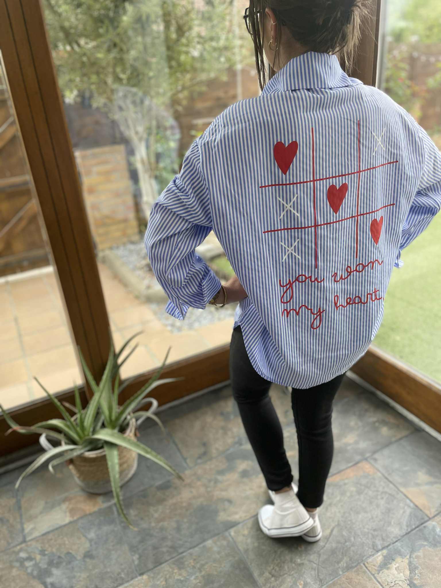 Chemise Rayé A Motif Coeur Imprimé Avant Et Arriere Bleu